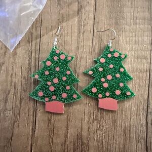 Festive Green and Pink Christmas Tree Earrings